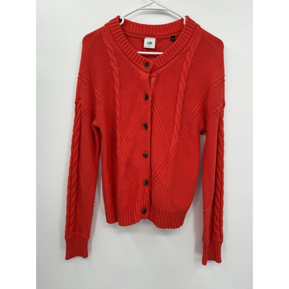 Cabi S Cardigan Women Red Cable Knit Diamond Button Front V-Neck Sweater 5449